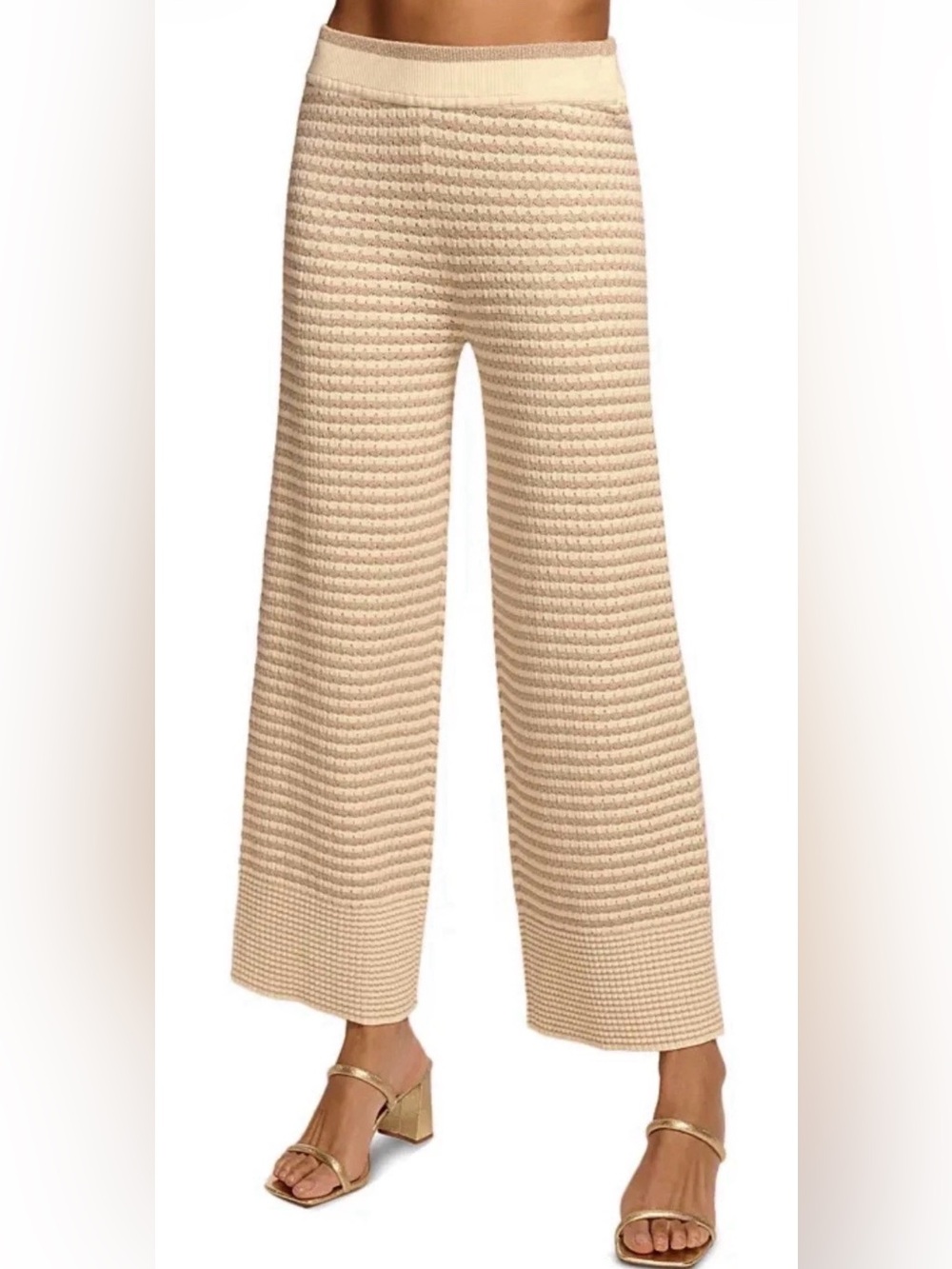 Ramy Brook Pants L Cher Sandstone Beige White Wide Leg Cotton Stretch NWT $395